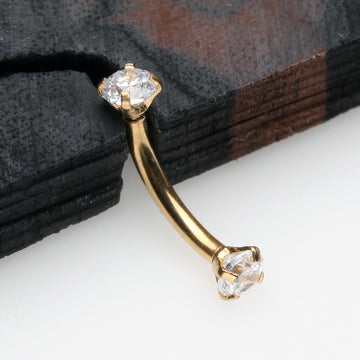Detail View 1 of Golden Prong Set Gem Sparkles Internally Threaded Curved Barbell-Clear Gem